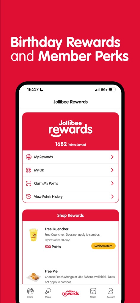 Jollibee - Order & Rewards - この画面では、「現在の獲得ポイント数」が一目で分かり、ユーザーは貯まったポイントを「さまざまな無料アイテムに交換」して利用できます。