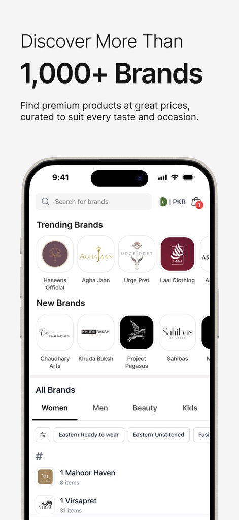 LAAM – Online Shopping App - Die App hebt eine beeindruckende Vielfalt von über 1.000 Marken hervor, präsentiert durch prominente Markenlogos im Bereich 'Trending Brands' und eine detaillierte Auflistung unter 'All Brands' mit Filteroptionen nach Geschlecht und Kategorie.