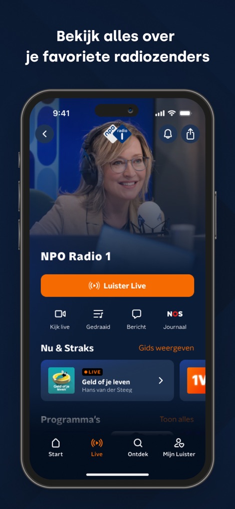 NPO Luister - Esta herramienta ofrece una vista detallada de emisoras como 'NPO Radio 1', incluyendo la opción de 'Escuchar en vivo' y botones interactivos para 'Enviar un mensaje a la estudio'.