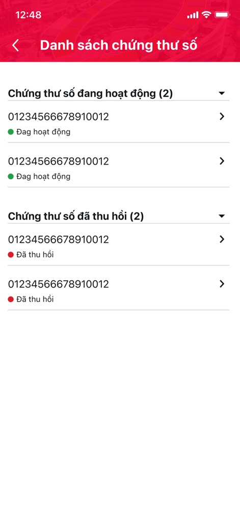 MySign - This screen displays organized lists of active and revoked digital certificates, ensuring users have a complete overview of their signing credentials.