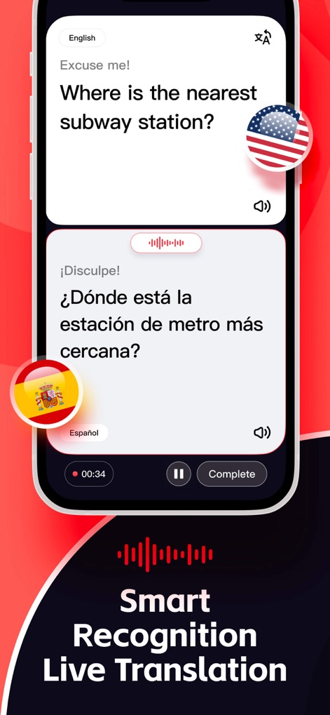 AI Voice Translate:Translator - A interface demonstra o reconhecimento inteligente de fala e tradução, exibindo uma pergunta em inglês e a tradução correspondente em espanhol, além dos ícones de bandeiras de países.