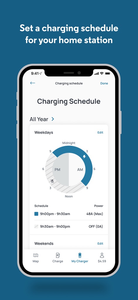 FLO EV Charging - The app offers a visual and intuitive 'Charging Schedule' interface for home stations, allowing users to define charging periods for both 'Weekdays' and 'Weekends' to optimize energy costs.