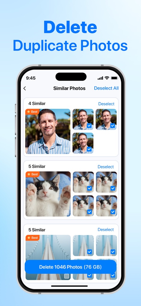 AI Cleaner:Clean Phone Storage - La aplicación ofrece una solución efectiva para la eliminación de fotos duplicadas, presentando una vista organizada de los elementos. Se pueden ver grupos de '4 Similar' y '5 Similar' fotos, facilitando la identificación, y un botón 'Delete 1046 Photos (76 GB)' que muestra el impacto significativo en el espacio liberado.