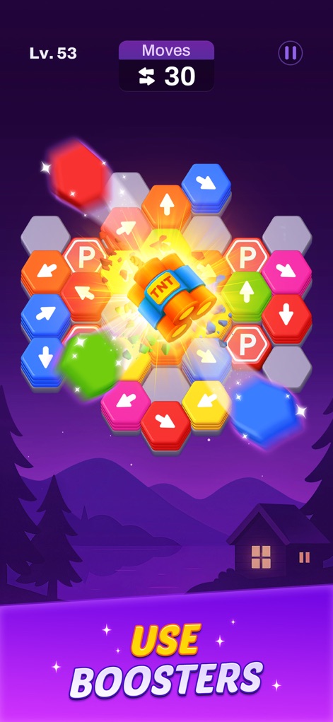 Hexout - Color Hexa Puzzle - The screenshot vividly displays an exploding "TNT" booster and the "Use Boosters" call, showcasing the tactical aids available to simplify challenging puzzle layouts.
