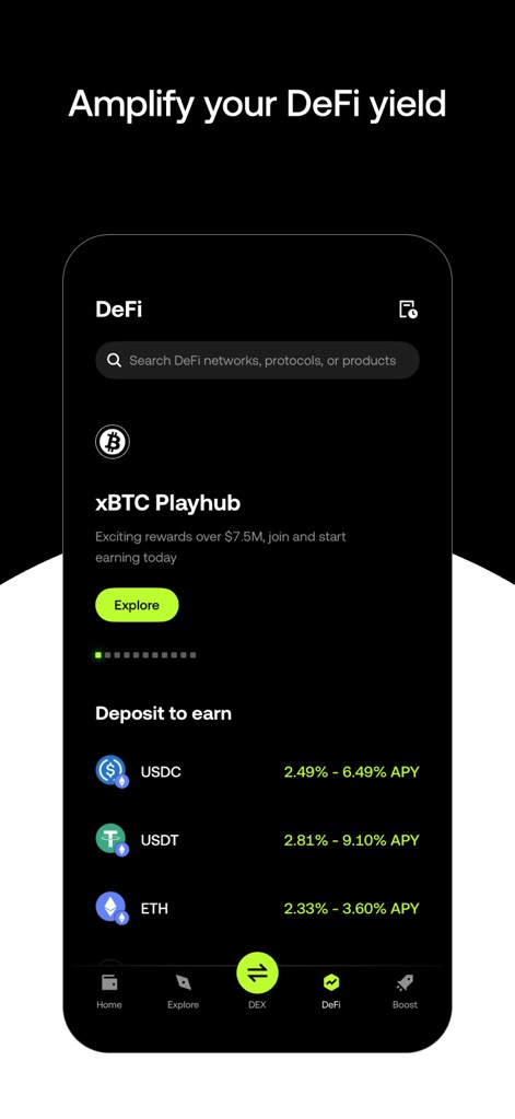 OKX Wallet: Crypto & Web3 - Nutzer können im DeFi-Bereich den „xBTC Playhub“ (X) erkunden und die potenziellen APY-Renditen für verschiedene Einlagen wie USDC und USDT (Y) übersichtlich einsehen.
