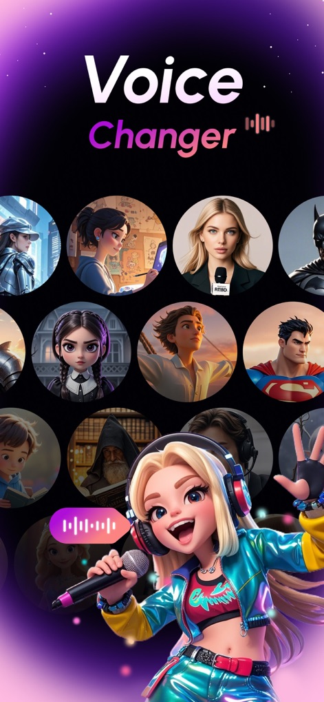 Prank App-Funny Voice Changer - Découvrez la diversité des options de changement de voix, avec des avatars de personnages distinctifs et une interface intuitive de capture audio.