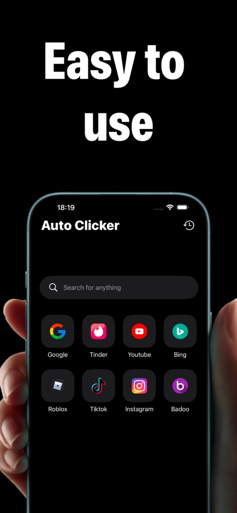Auto Click - Auto Clicker app - Esta imagem revela a interface intuitiva do aplicativo, apresentando um navegador integrado com ícones de aplicativos populares e uma barra de pesquisa funcional para acesso rápido.