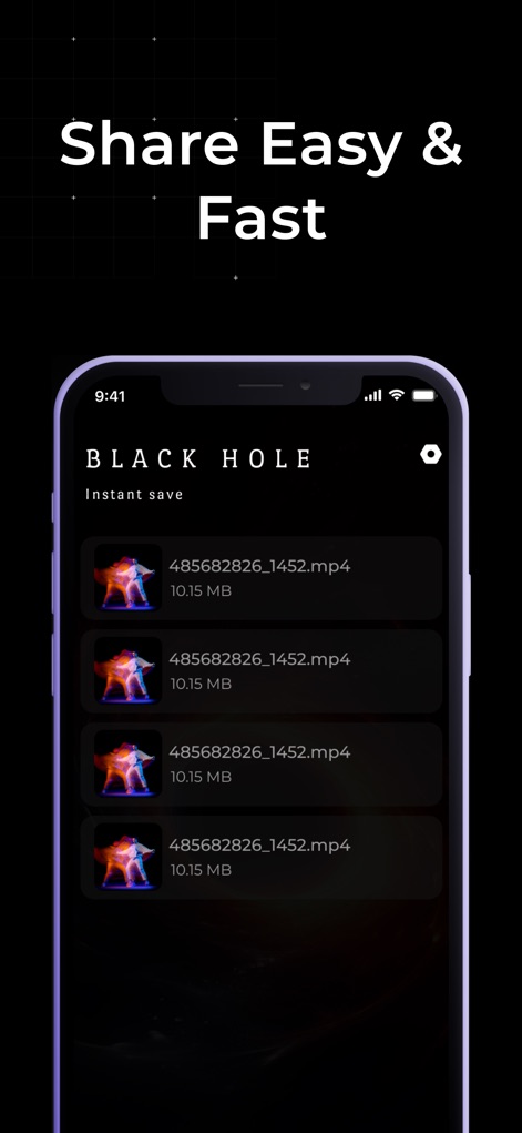 BlackHole ® - Discover the streamlined list of saved video files, identifiable by their mp4 format and displayed with file sizes, enabling quick access and easy management.