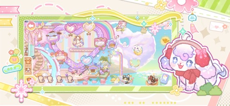 My Dog Town: Animal Sim Games - Los usuarios pueden explorar un mundo mágico lleno de diversión y aventura, destacando la pista de arcoíris brillante para los cachorros y las plataformas flotantes en forma de corazón que añaden un toque de fantasía.