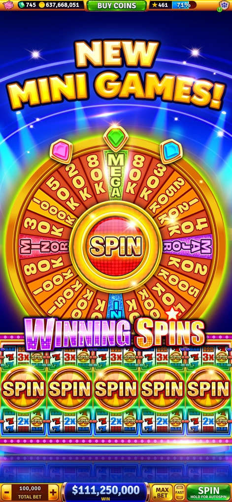 House of Fun: Casino Slots - Discover how the app introduces "NEW MINI GAMES!" and offers opportunities for "WINNING SPINS" through interactive bonus wheels.