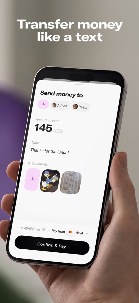 Ziina: Send. Spend. Get Paid. - Observe the intuitive interface for sending money, featuring easy contact selection and an option to add notes or attachments to transactions.