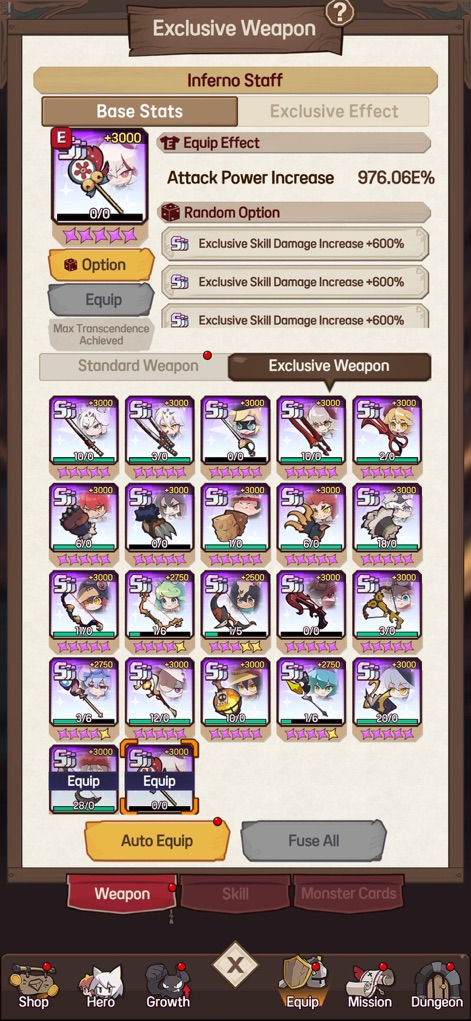 Switching Heroes - Examine the detailed Exclusive Weapon menu, featuring various weapon types and their unique equip effects and options.