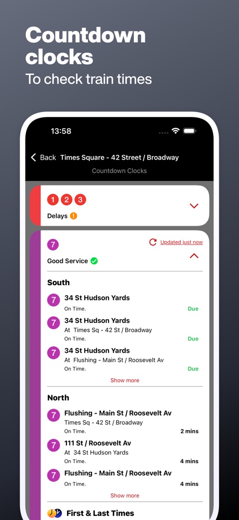 New York Subway MTA Map NYC - 各列車のリアルタイム発車時刻を示すカウントダウンクロックを利用して、次の列車がいつ到着するかを正確に把握できます。また、始発および終電時刻も確認可能です。