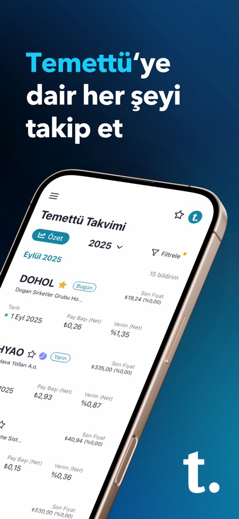Temettü: Hisse Portföy Takvim - La aplicación muestra un calendario detallado de dividendos futuros, destacando el "Pay Başı (Net)" (dividendo neto por acción) y el "Verim (Net)" (rendimiento neto) para cada empresa.