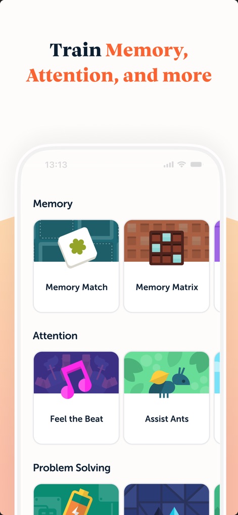 Lumosity: Brain Training Games - Questo strumento offre una vasta gamma di giochi suddivisi per categorie di abilità, come "Memory" e "Attention", con icone intuitive che rappresentano i diversi esercizi disponibili.