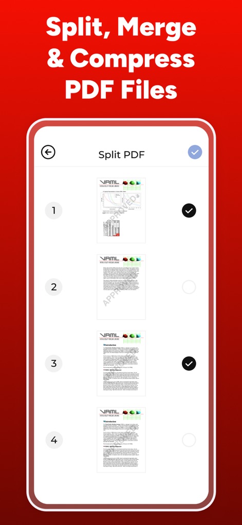 PDF Maker - Convert to PDF - L'application fournit des outils d'organisation avancés permettant de diviser des documents (pages numérotées avec des cases à cocher) et de les fusionner ou de les compresser efficacement.