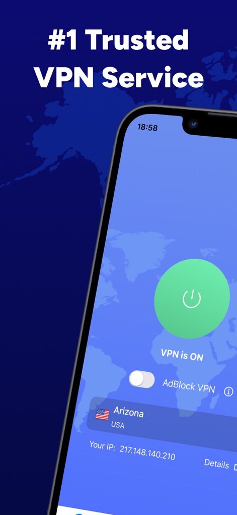 VPN Proxy Master - VeePN - This screenshot highlights the app's immediate connection status with a clear 'VPN is ON' indicator and the integrated 'AdBlock VPN' toggle for enhanced browsing.
