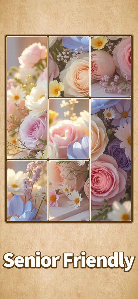 Jigsaw Puzzle Art: Relax Book - L'app propone un'immagine floreale dai colori pastello organizzata in una griglia di tessere 3x3, garantendo un'esperienza visivamente rilassante e adatta a tutte le età.