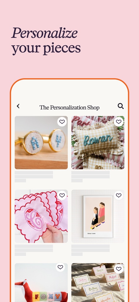 Etsy: Shop Home, Style & More - The tool displays a dedicated "The Personalization Shop" interface, featuring unique customized items like embroidered pillows and bespoke art prints, catering to individual preferences.