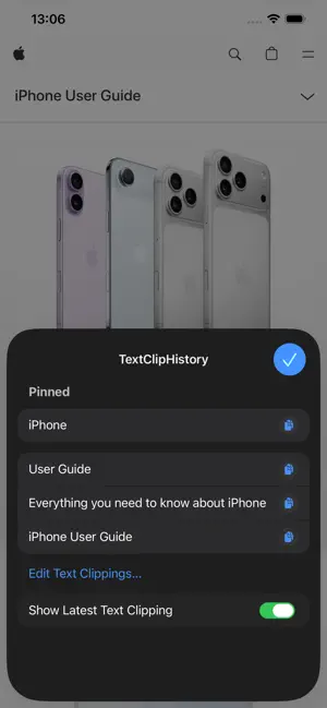 TextClipHistory for Safari screenshot 1