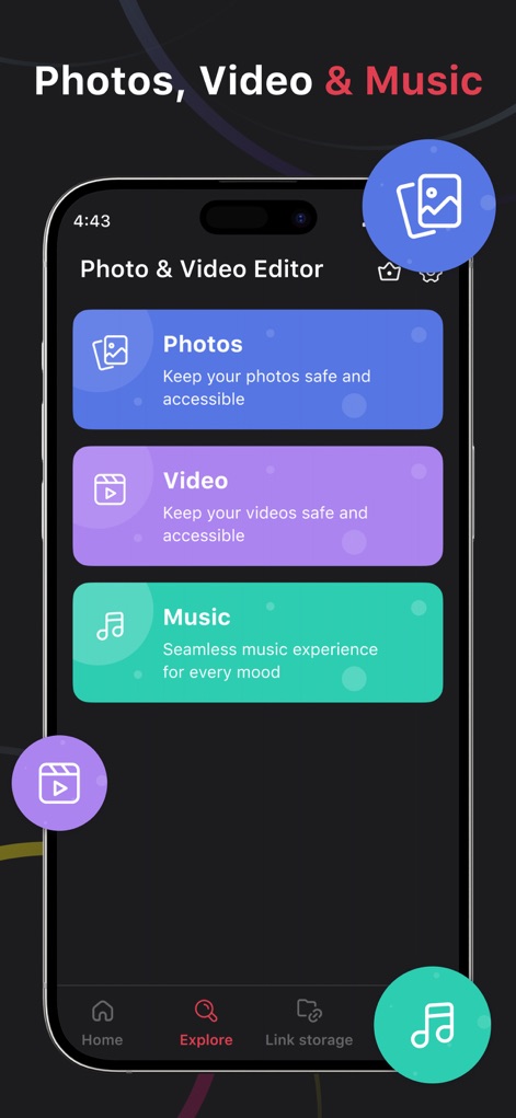 Vid-Matè : Video & Music - La herramienta ofrece una solución todo en uno, con tarjetas de selección para Fotos, Video y Música, destacando la iconografía intuitiva de cada categoría para facilitar la navegación.