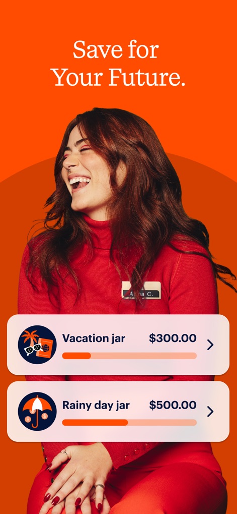 DailyPay On-Demand Pay - Users can visualize their financial goals with dedicated savings jars, like "Vacation jar" and "Rainy day jar," each with a clear progress tracker.