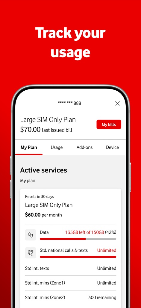 My Vodafone Australia - This tool provides comprehensive usage tracking, showcasing a clear data usage bar and detailed breakdowns for calls and texts.