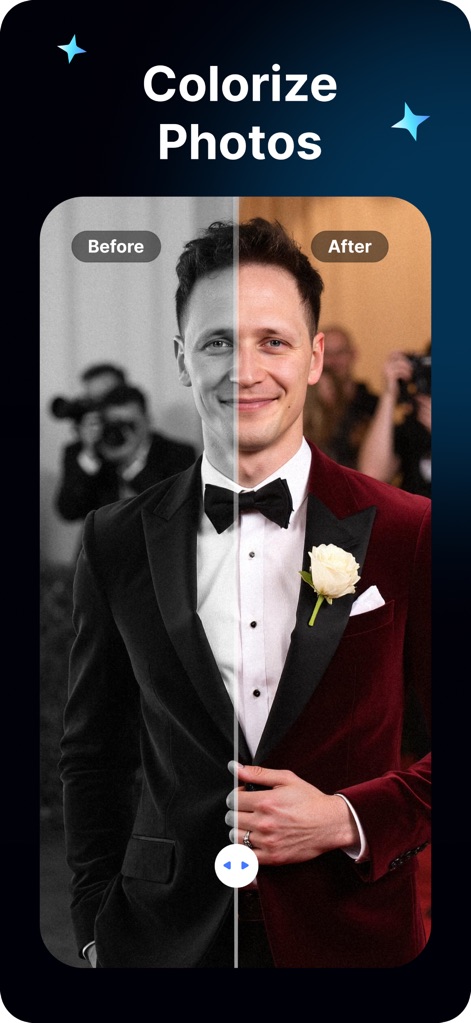 Topz AI: Photo Video Enhancer - A ferramenta de colorização é apresentada, transformando "imagens em preto e branco" em vibrantes, com "cores naturais restauradas" e "detalhes vívidos".