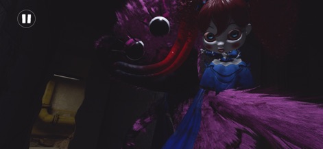 Poppy Playtime Chapter 4 - O aplicativo exibe uma cena de alta tensão com o brinquedo Poppy e uma criatura roxa e peluda com olhos brilhantes, sugerindo uma ameaça iminente e a rica narrativa visual do jogo.