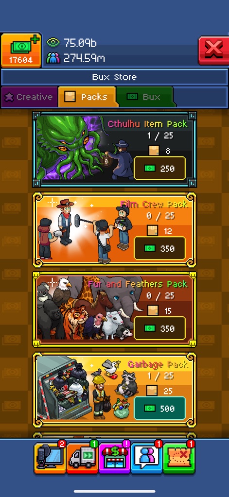 PewDiePie's Tuber Simulator - La tienda 'Bux Store' ofrece diversos paquetes de artículos temáticos, como el 'Cthulhu Item Pack', con ilustraciones vívidas y precios claramente indicados.