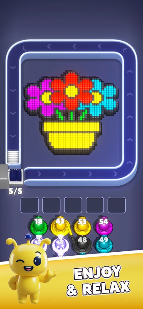 Voxel Blast Jam - Users can enjoy constructing artistic voxel flower pot images, strategically managing a diverse array of colored ammo circles for a relaxing challenge.