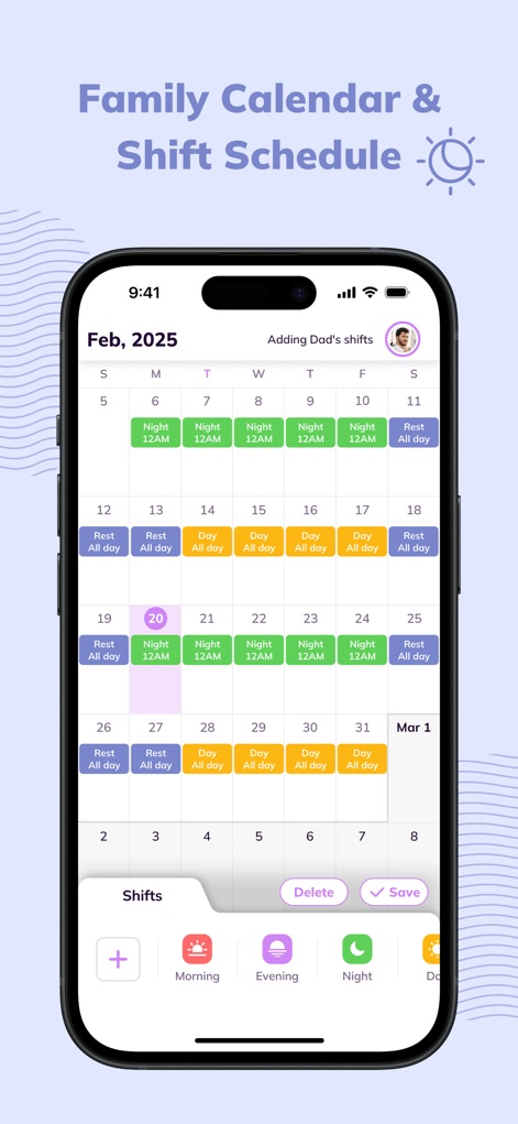 Cubbily:Shared Family Calendar - この画面では、月ごとのシフトスケジュールを一目で確認できるカレンダー表示と、「朝」「夜」などのシフトを簡単に追加する操作インターフェースが特徴です。