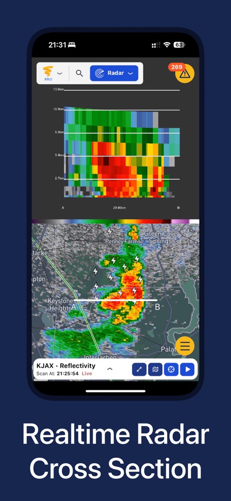 WeatherWise.app - Utilize the Realtime Radar Cross Section to analyze storm vertical structure, correlated with the ground-level reflectivity map.