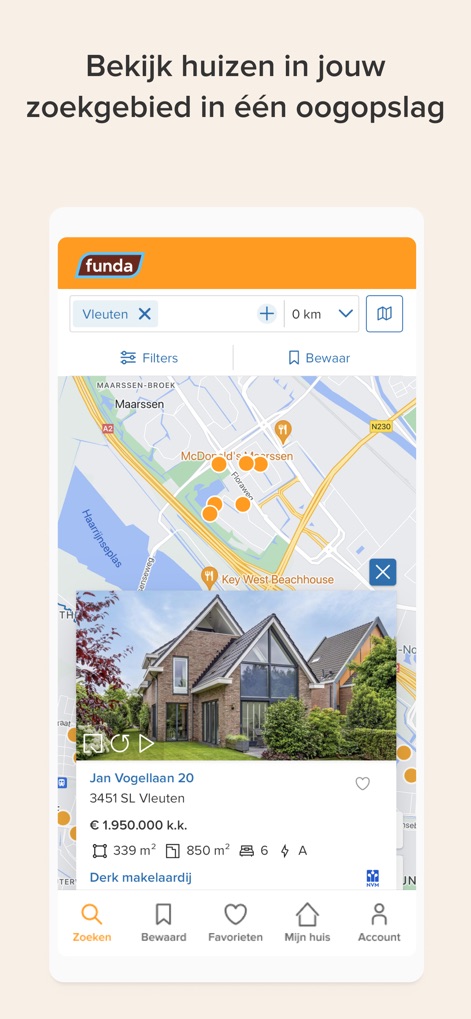 Funda - L'application permet d'explorer les biens directement sur une carte interactive et dynamique, offrant une vision géographique des propriétés dans le périmètre de recherche défini.