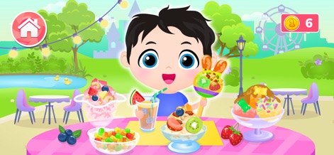 Ice Cream - Cooking for Kids - Los niños pueden observar la diversidad de creaciones heladas con un personaje interactivo, exhibiendo copas con coberturas de frutas y paletas decoradas.