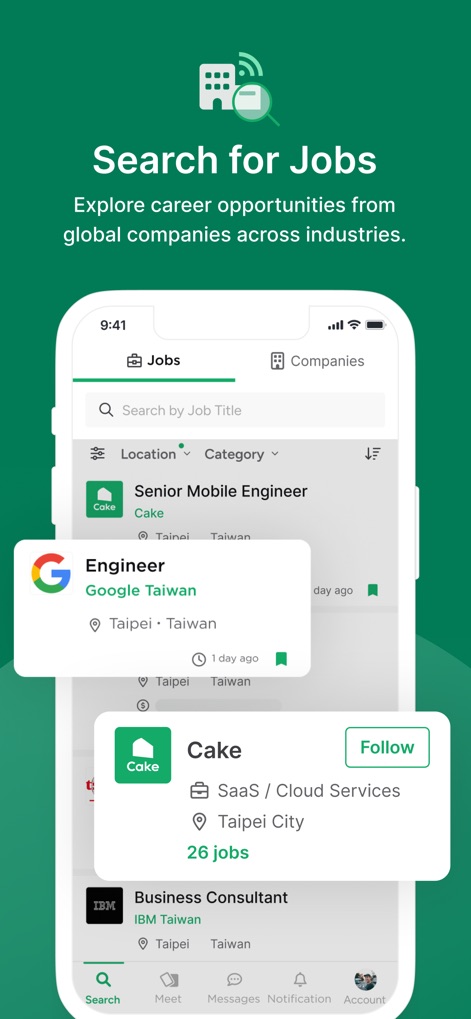 Cake: Job, Resume & Networking - The app provides advanced filters for job categories and locations, displaying comprehensive job cards from global companies like Google and IBM.