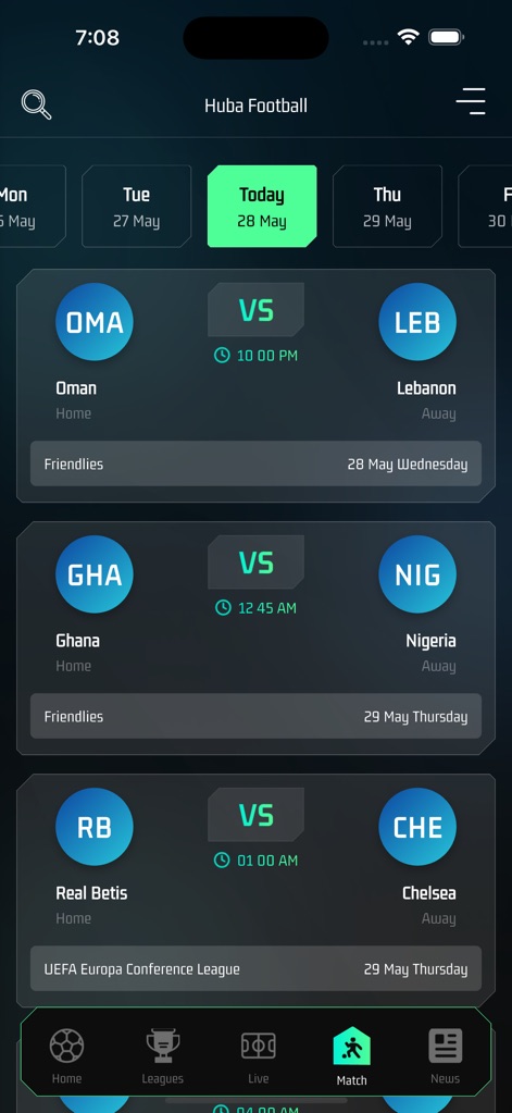Huba Football - Users can navigate upcoming match schedules using a clear date selector and view detailed fixture lists with team names and kick-off times.