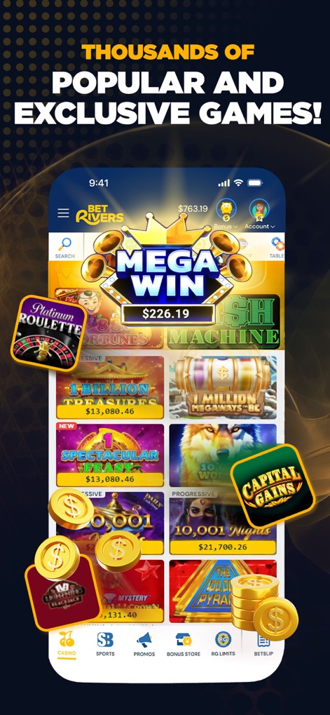 BetRivers: Casino & Sportsbook - The app showcases a vast library of casino games, from popular slots like 'Capital Gains' to engaging experiences like 'Platinum Roulette', highlighted by exciting 'Mega Win' alerts.