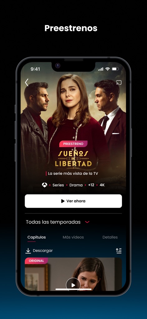 atresplayer: Series y Noticias - Los usuarios acceden a preestrenos exclusivos de series populares como "Sueños de libertad" y disfrutan de la conveniente opción de descarga para visualizar contenido sin conexión, destacando la flexibilidad de la plataforma.