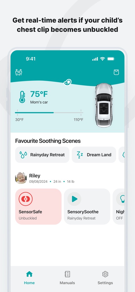 Evenflo - The app ensures immediate notification for safety concerns, clearly indicating an "Unbuckled" status on the SensorSafe card and maintaining a green temperature display.