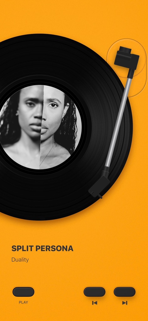 MD Vinyl for Music App - La aplicación ofrece una estética de reproductor minimalista con un fondo amarillo vibrante, destacando un disco de vinilo negro clásico y los botones esenciales de control.