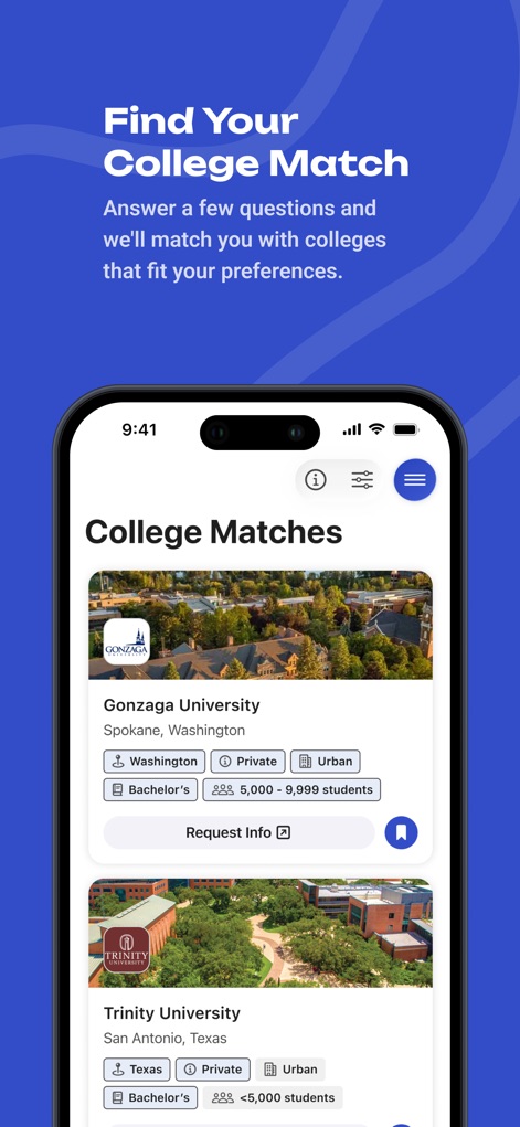 BigFuture School - Users receive tailored college suggestions with detailed cards, showcasing key attributes like 'location' and 'student population' for informed decisions.
