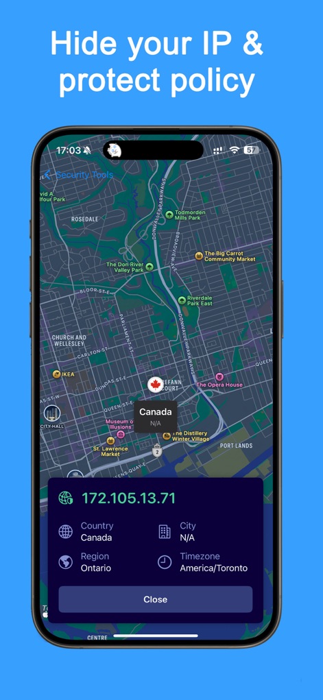 VPN Proxy Fast - Super VPN - This screenshot illustrates the app's privacy features, revealing how it hides the user's actual IP address and displays a masked location on a detailed map interface.