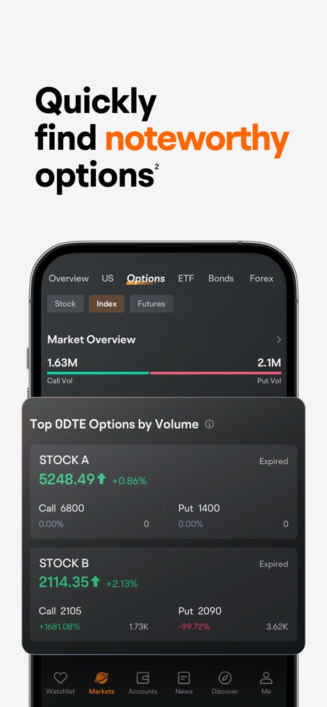 moomoo: Investing & Trading - Users can quickly identify noteworthy options through the "Top 0DTE Options by Volume" ranking and access detailed call/put volume data.