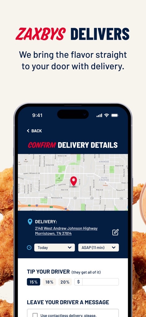 Zaxbys - Die App bietet einen bequemen Lieferservice, der durch eine Karte mit genauer Standortbestimmung und flexible Optionen zur Trinkgeldeingabe für den Fahrer hervorgehoben wird.