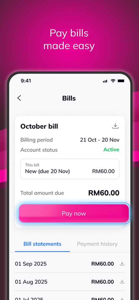 My Astro - This app simplifies finances, allowing users to conveniently pay bills via the prominent "Pay now" button and review detailed "October bill" statements.