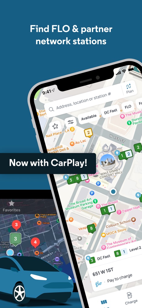 FLO EV Charging - The app displays a comprehensive map interface with various station pins, highlighting real-time availability and seamless integration with Apple CarPlay.