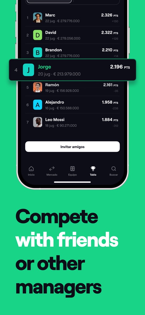 BEMANAGER - Fantasy Soccer - Cet outil met en avant la compétition sociale, affichant clairement le classement des managers comme 'Jorge' et 'Marc' avec leurs points respectifs, et offrant une option d'invitation directe pour élargir la communauté.