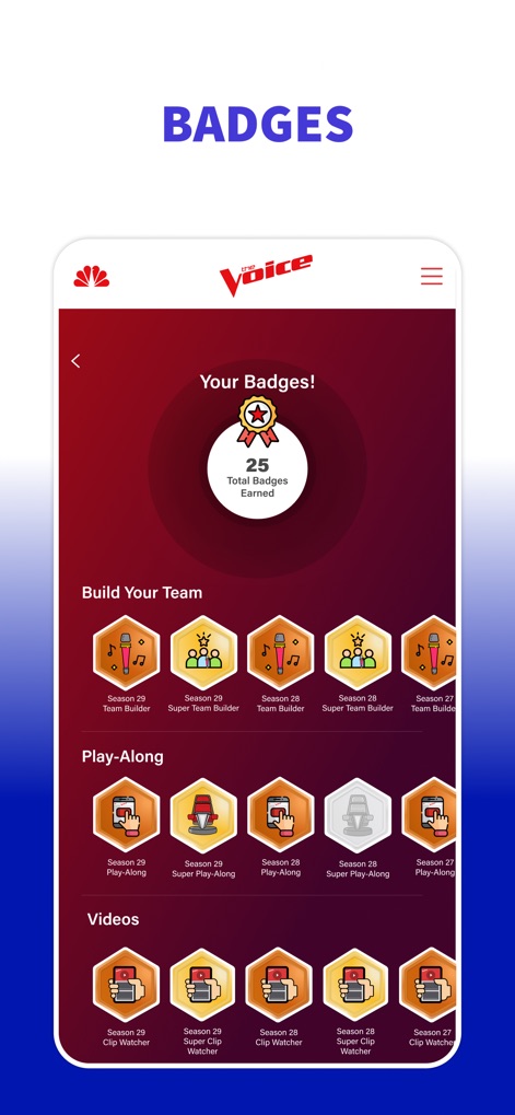 The Voice Official App on NBC - The app gamifies user engagement through a comprehensive badge system, featuring a "Your Badges!" summary that tracks total achievements and categorized hexagonal badge icons for different activities.