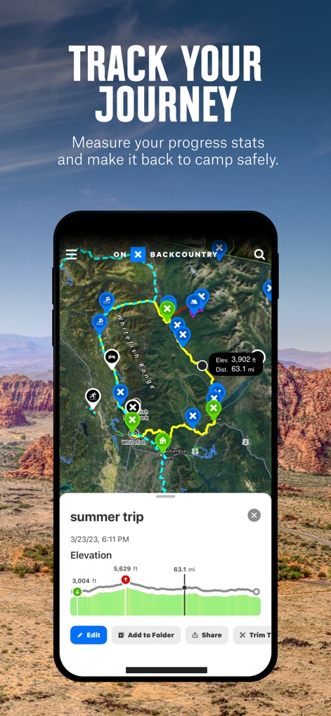 onX Backcountry: Trail GPS App - This tool records detailed trip statistics, displaying GPS-tracked routes and an elevation profile graph for comprehensive journey review.
